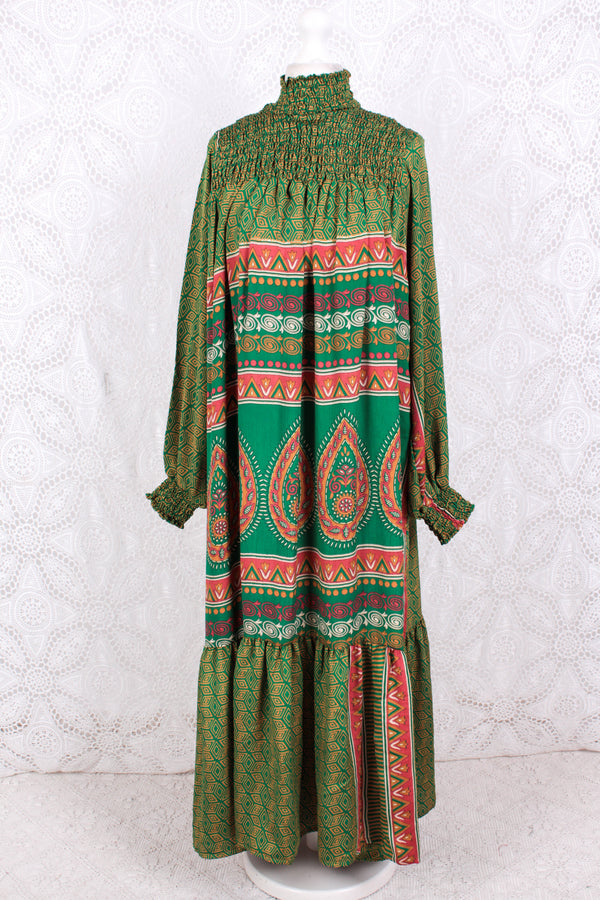 Mona Maxi Dress - Vintage Indian Sari - Emerald & Gold Graphic - Free Size