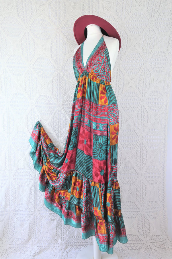 Cherry Maxi Dress - Vintage Indian Sari - Teal, Mustard & Rose Patchwork Floral Shimmer - Free Size