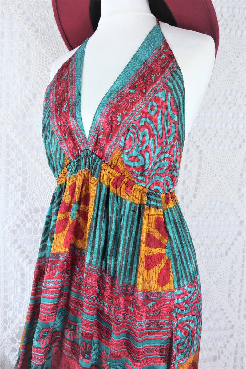 Cherry Maxi Dress - Vintage Indian Sari - Teal, Mustard & Rose Patchwork Floral Shimmer - Free Size