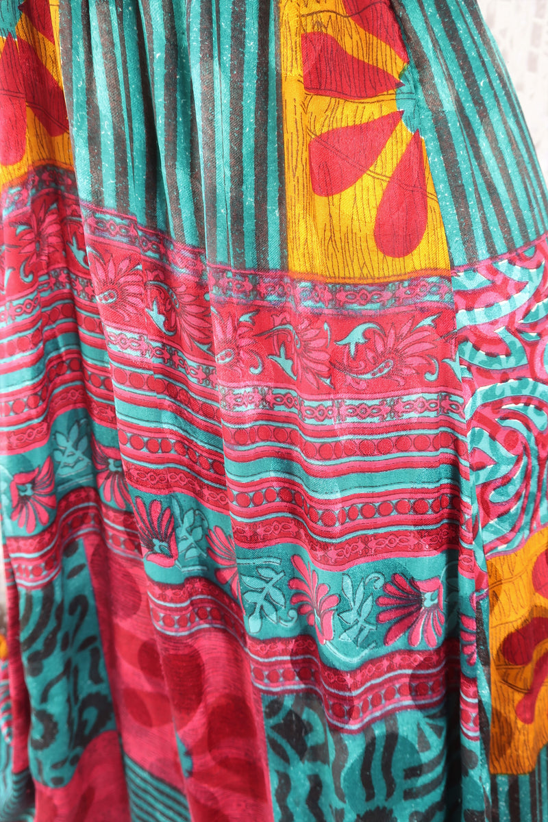 Cherry Maxi Dress - Vintage Indian Sari - Teal, Mustard & Rose Patchwork Floral Shimmer - Free Size