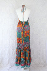 Cherry Maxi Dress - Vintage Indian Sari - Teal, Mustard & Rose Patchwork Floral Shimmer - Free Size