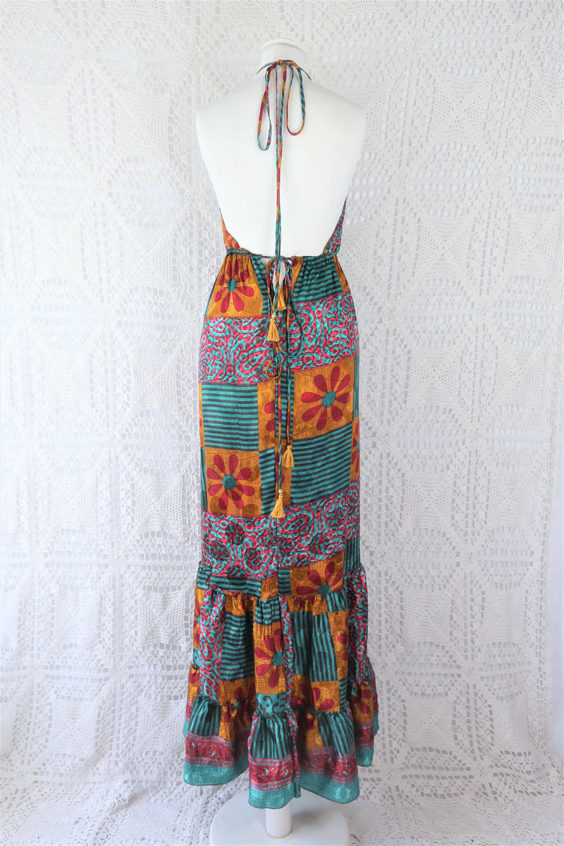 Cherry Maxi Dress - Vintage Indian Sari - Teal, Mustard & Rose Patchwork Floral Shimmer - Free Size