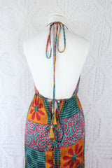 Cherry Maxi Dress - Vintage Indian Sari - Teal, Mustard & Rose Patchwork Floral Shimmer - Free Size