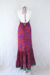 Cherry Maxi Dress - Vintage Indian Sari - Jade, Violet & Rouge Bold Block Print - Free Size
