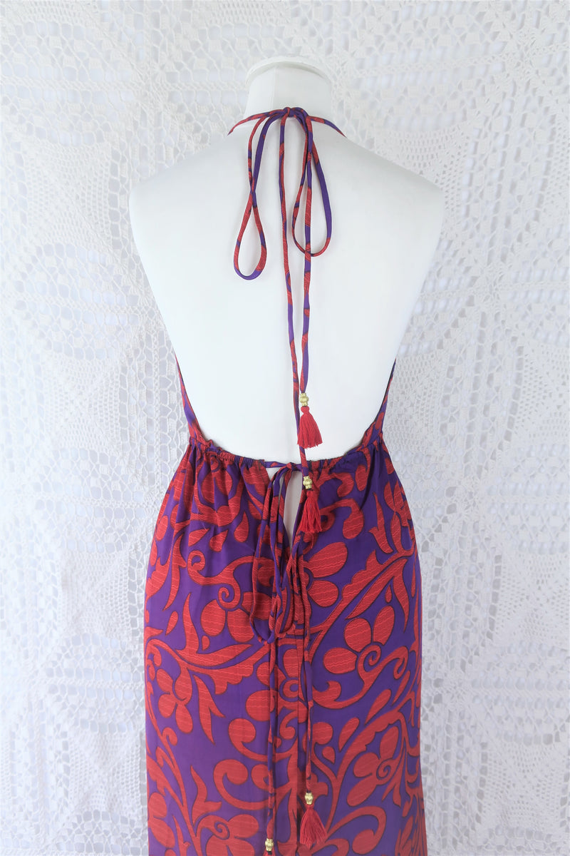 Cherry Maxi Dress - Vintage Indian Sari - Jade, Violet & Rouge Bold Block Print - Free Size