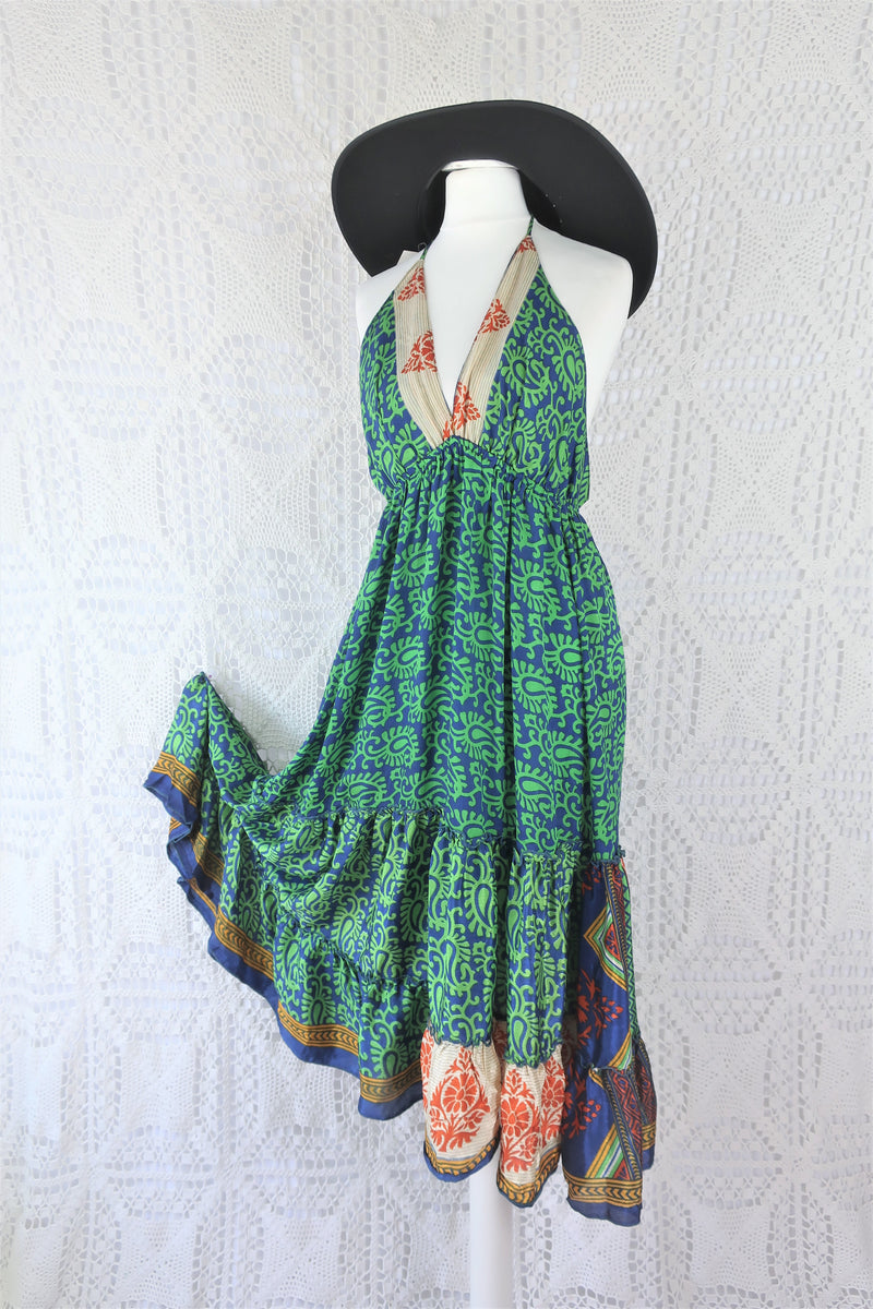 Cherry Midi Dress - Vintage Indian Sari - Indigo & Apple Bold Paisley - Free Size