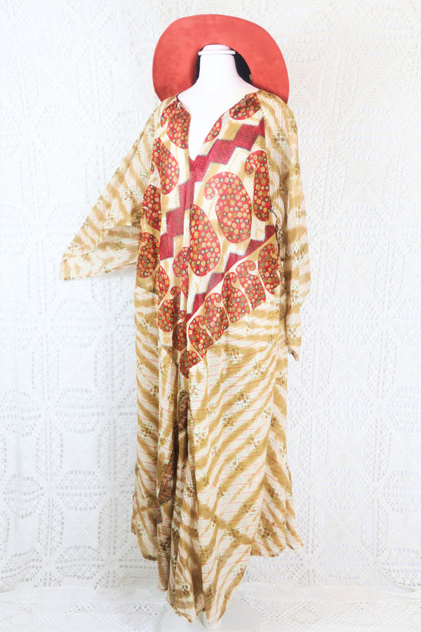 Goddess Dress - Vintage Indian Cotton - Ruby & Beige Paisley - Free Size