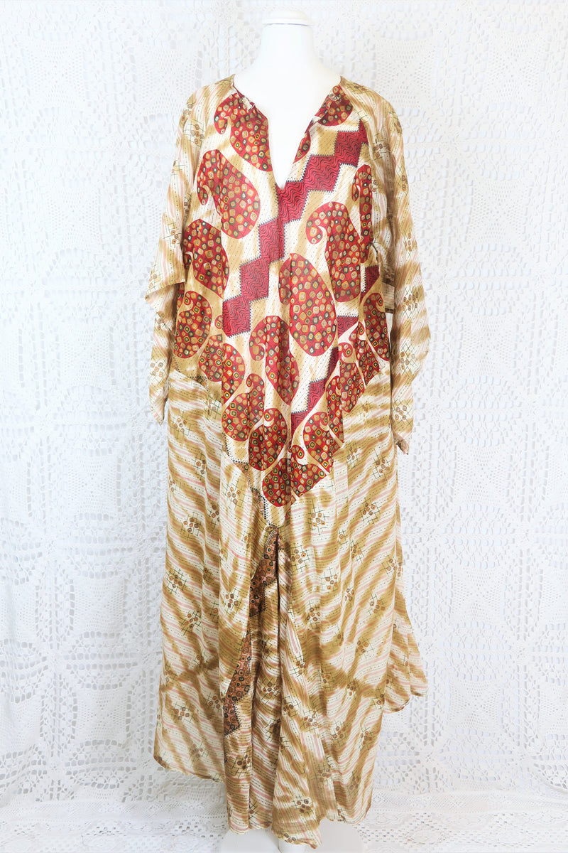 Goddess Dress - Vintage Indian Cotton - Ruby & Beige Paisley - Free Size