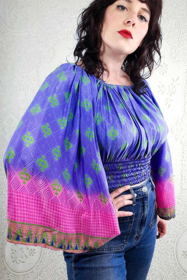 Scorpio Top - Tropical Violet & Sunset Pink - Vintage Indian Sari - XS - M/L By All About Audrey