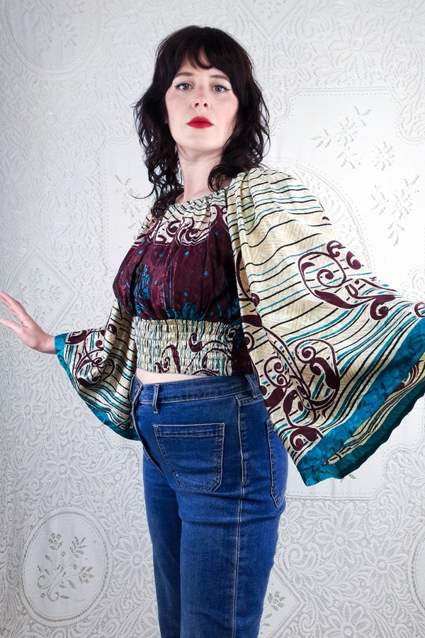 Scorpio Top - Burgundy & Ocean Teal Stripe - Vintage Indian Sari - XS - M/L By All About Audrey