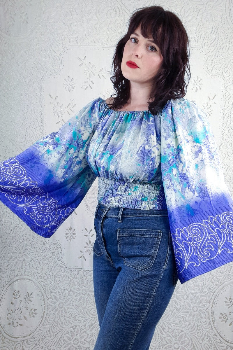 Scorpio Top - Powdered Aqua & Violet Abstract - Vintage Indian Sari - XS - M/L By All About Audrey