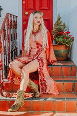 Lola Long Wrap Dress - Vintage Indian Sari - Oat & Sapphire Floral Nouveau - S/M