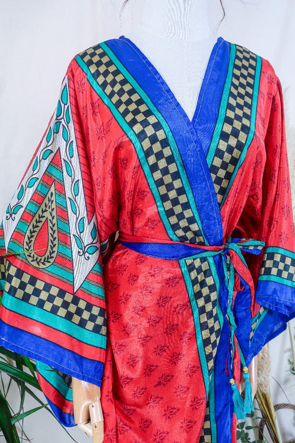 Aquaria Kimono Dress - Mystic checker in Rouge & Indigo - Vintage Sari - Free Size XXL By All About Audrey