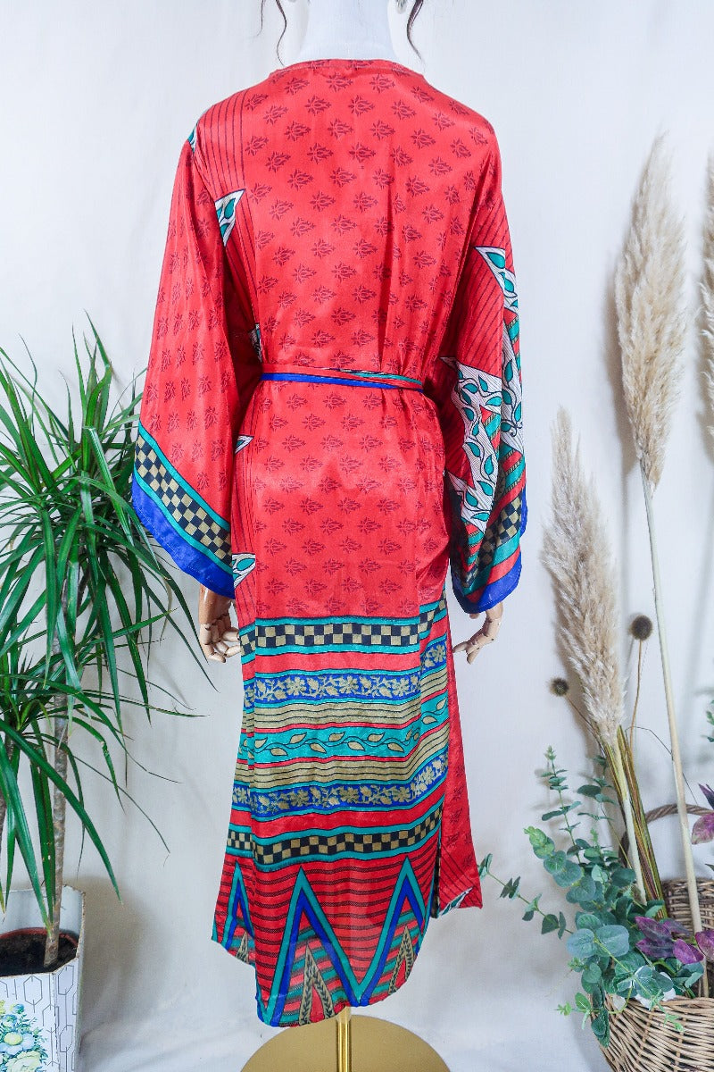Aquaria Kimono Dress - Mystic checker in Rouge & Indigo - Vintage Sari - Free Size XXL By All About Audrey