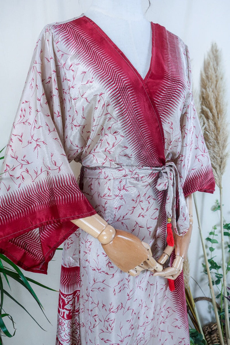 Aquaria Kimono Dress - Pearl & Rosehip Leaves - Vintage Sari - Free Size M/L By All About Audrey