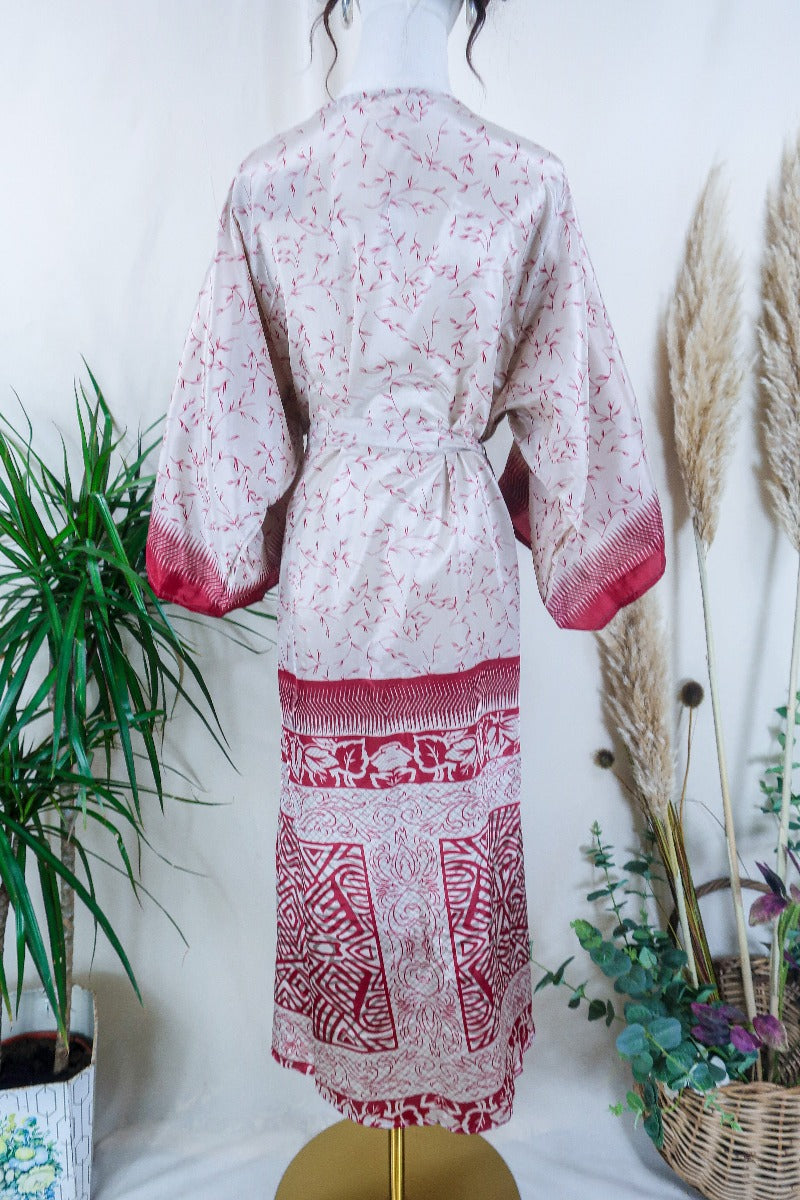 Aquaria Kimono Dress - Pearl & Rosehip Leaves - Vintage Sari - Free Size M/L By All About Audrey