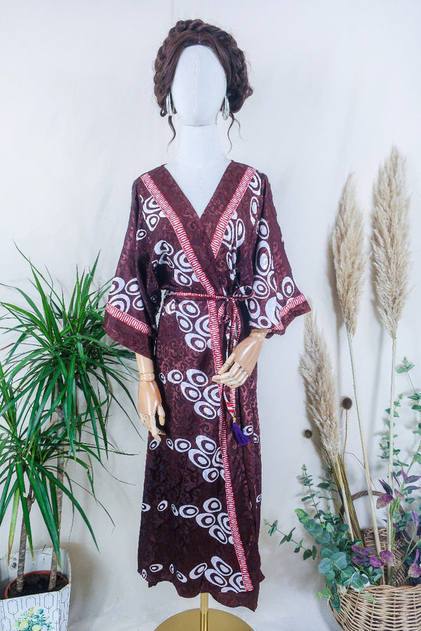 Aquaria Kimono Dress - Chocolate Swirls - Vintage Sari - Free Size S/M By All About Audrey