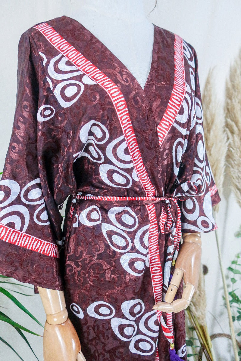 Aquaria Kimono Dress - Chocolate Swirls - Vintage Sari - Free Size S/M By All About Audrey