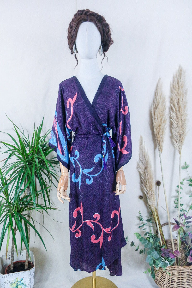 Aquaria Kimono Dress - Blackberry Vines - Vintage Sari - Free Size XS By All About Audrey