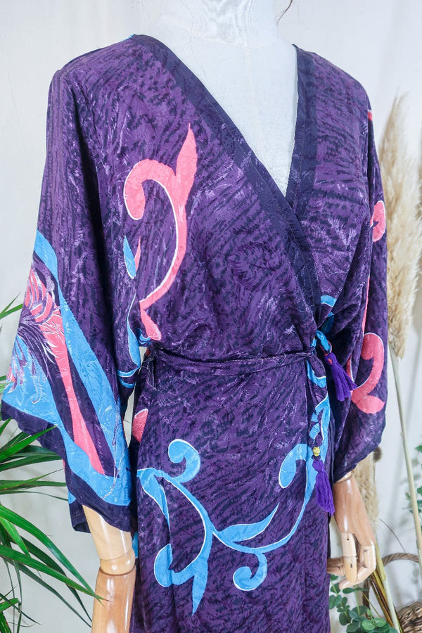 Aquaria Kimono Dress - Blackberry Vines - Vintage Sari - Free Size XS By All About Audrey