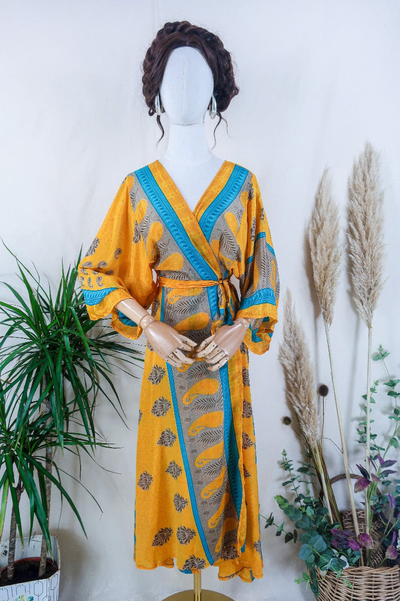 Aquaria Kimono Dress - Sunshine & Sky Motif - Vintage Sari - Free Size XS By All About Audrey