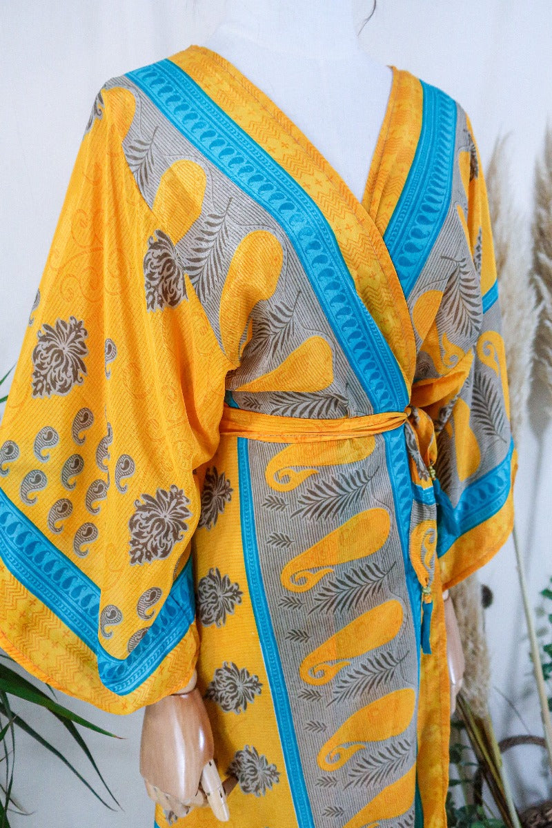 Aquaria Kimono Dress - Sunshine & Sky Motif - Vintage Sari - Free Size XS By All About Audrey