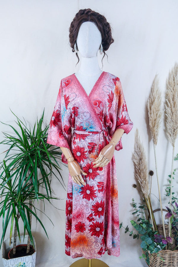 Aquaria Kimono Dress - Blooming Glitter Pink  - Vintage Sari - Free Size XS By All About Audrey