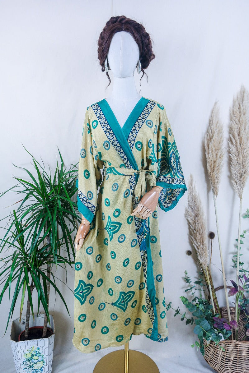 Aquaria Kimono Dress - Jade & Magnolia Motif - Vintage Sari - Free Size M/L By All About Audrey