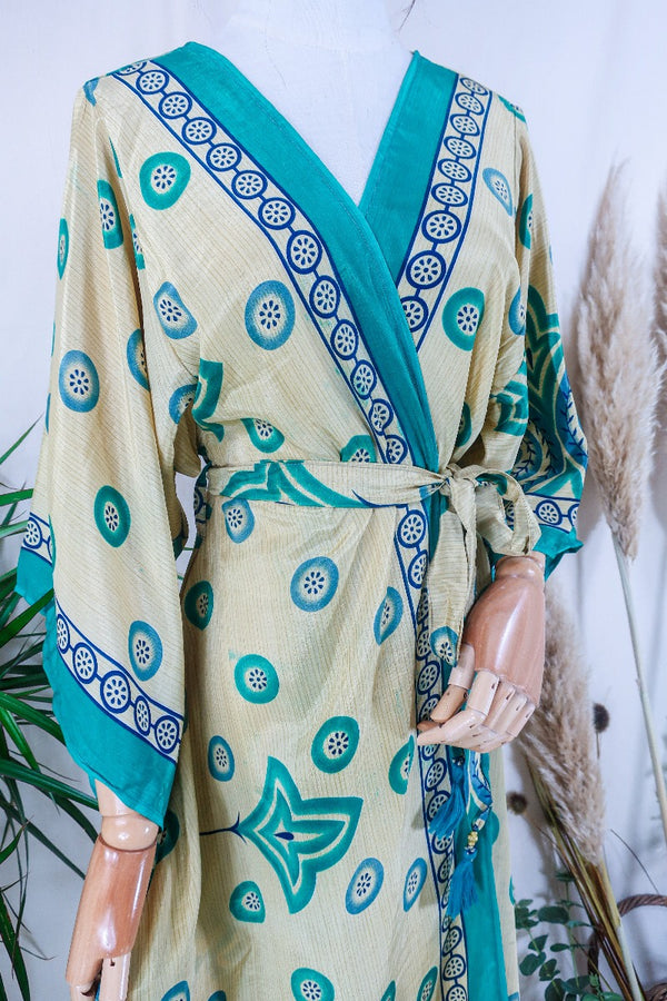 Aquaria Kimono Dress - Jade & Magnolia Motif - Vintage Sari - Free Size M/L By All About Audrey
