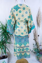 Aquaria Kimono Dress - Jade & Magnolia Motif - Vintage Sari - Free Size M/L By All About Audrey