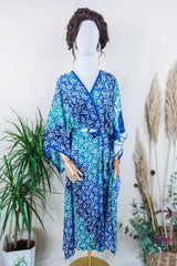 Aquaria Kimono Dress - Dusty Blue Abstract Floral - Vintage Sari - Free Size M/L By All About Audrey