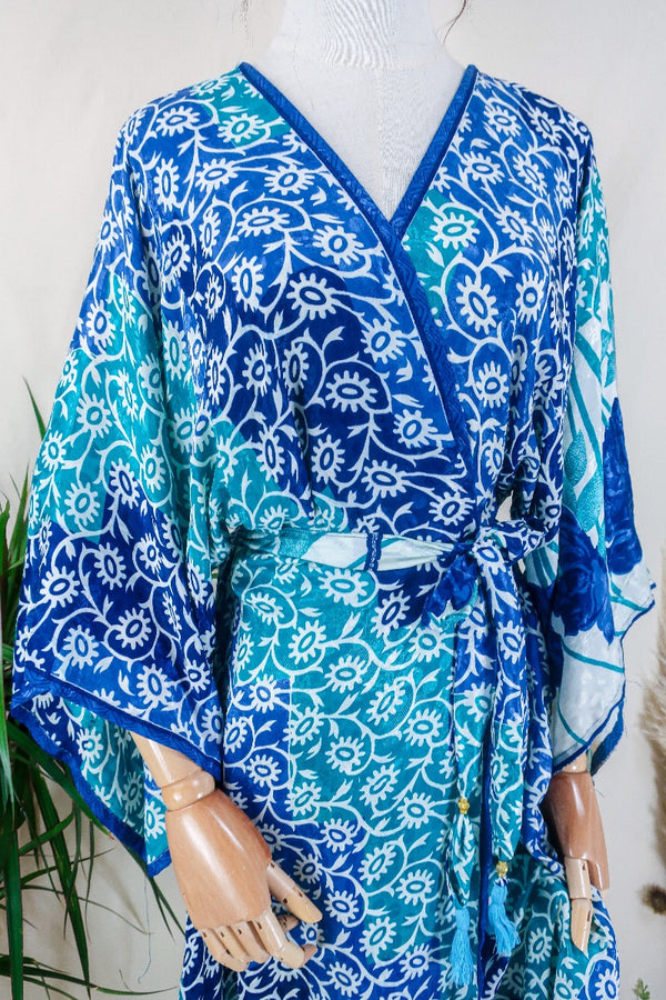 Aquaria Kimono Dress - Dusty Blue Abstract Floral - Vintage Sari - Free Size M/L By All About Audrey