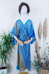 Aquaria Kimono Dress - Taupe & Turquoise Stripes - Vintage Sari - Free Size M/L By All About Audrey