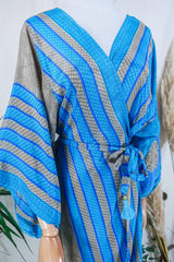 Aquaria Kimono Dress - Taupe & Turquoise Stripes - Vintage Sari - Free Size M/L By All About Audrey