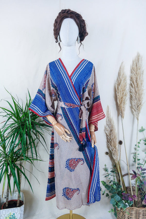 Aquaria Kimono Dress - Folky Paisley Pinstripe - Vintage Sari - Free Size M/L By All About Audrey