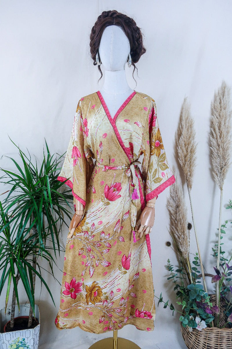 Aquaria Kimono Dress - Gold & Strawberry Pink Floral - Vintage Sari - Free Size M/L By All About Audrey