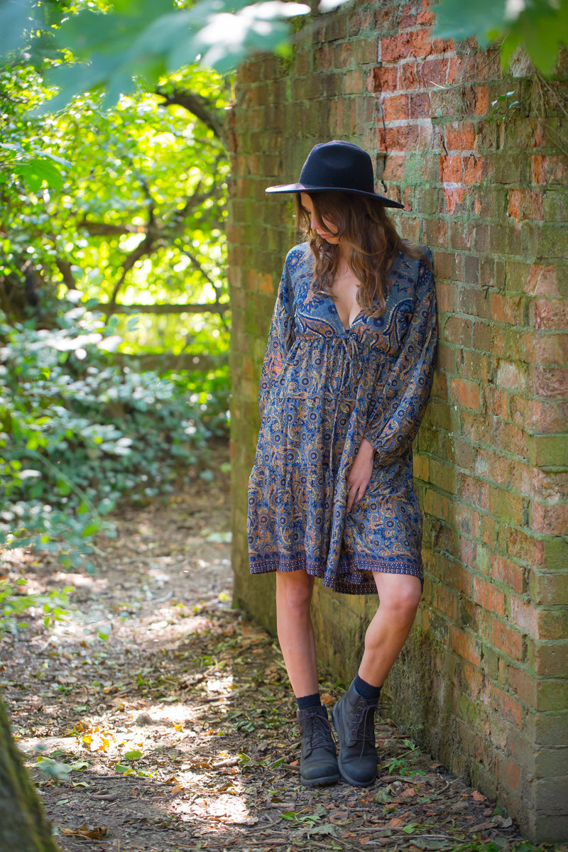 Gypsophila Mini Dress - Vintage Indian Sari - Gold & Sea Blue Graphic - S/M