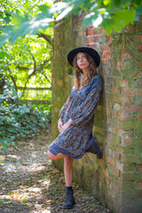 Gypsophila Mini Dress - Vintage Indian Sari - Gold & Sea Blue Graphic - S/M