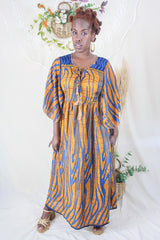 Angelica Maxi Dress - Vintage Sari - Amber & Blue Waves - Free Size M/L By All About Audrey