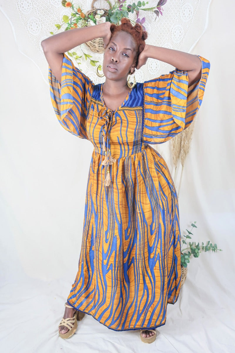 Angelica Maxi Dress - Vintage Sari - Amber & Blue Waves - Free Size M/L By All About Audrey