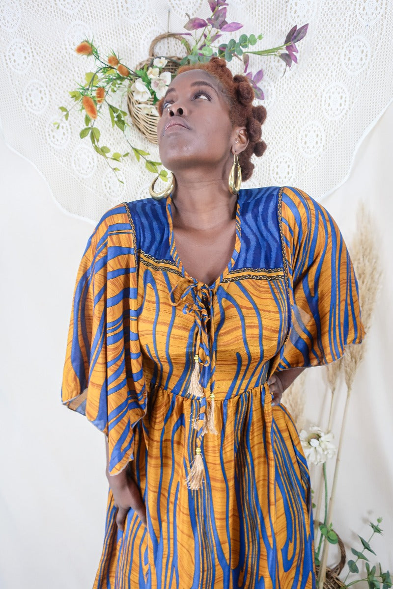 Angelica Maxi Dress - Vintage Sari - Amber & Blue Waves - Free Size M/L By All About Audrey