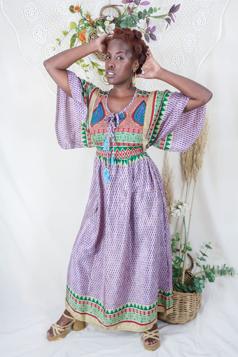 Angelica Maxi Dress - Vintage Sari - Patchwork Print - Free Size S/M By All About Audrey