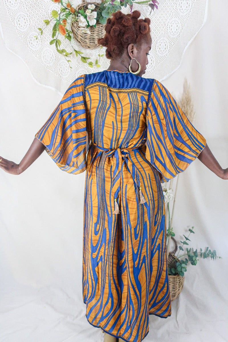 Angelica Maxi Dress - Vintage Sari - Amber & Blue Waves - Free Size M/L By All About Audrey