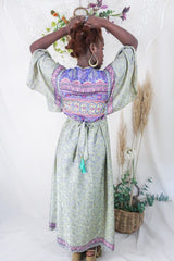 Angelica Maxi Dress - Vintage Sari - Pistachio Green & Rouge Leaves - Free Size M/L By All About Audrey