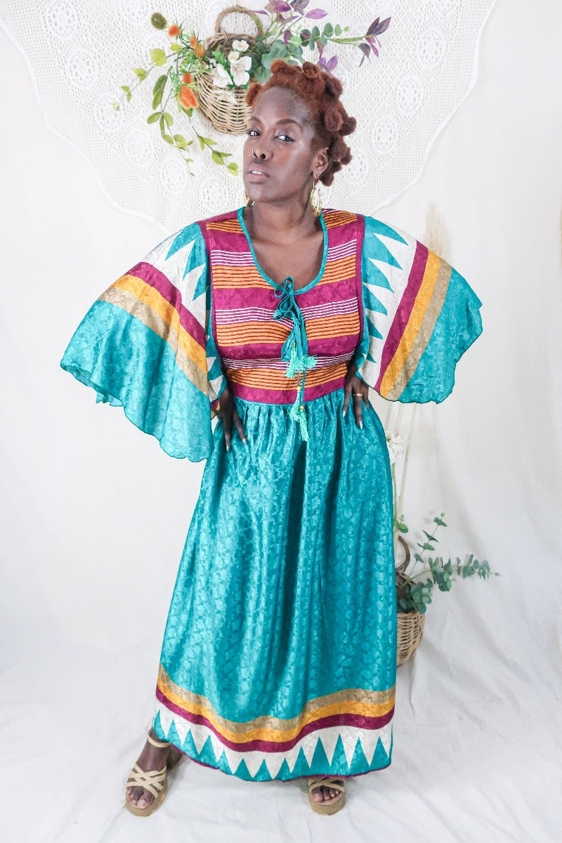Angelica Maxi Dress - Vintage Sari - Jade & Mulberry Stripes - Free Size L/XL By All About Audrey