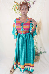 Angelica Maxi Dress - Vintage Sari - Jade & Mulberry Stripes - Free Size L/XL By All About Audrey