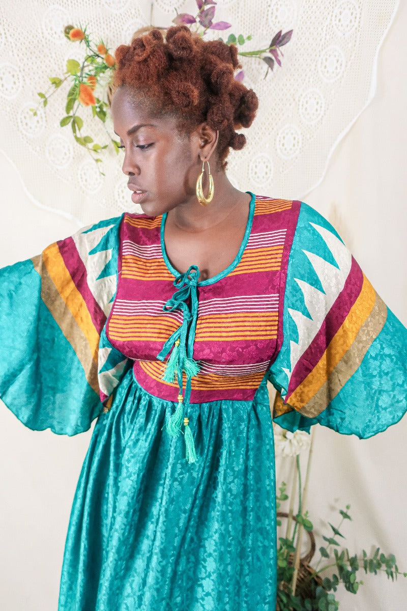 Angelica Maxi Dress - Vintage Sari - Jade & Mulberry Stripes - Free Size L/XL By All About Audrey