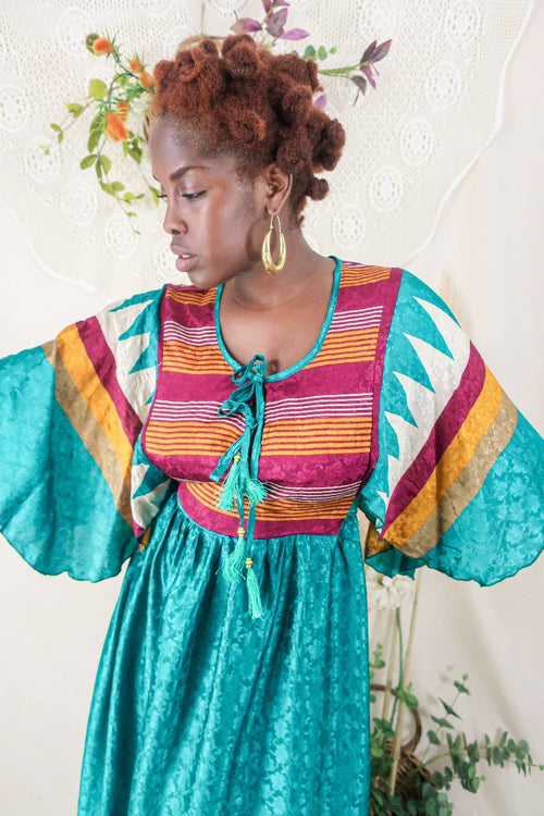 Angelica Maxi Dress - Vintage Sari - Jade & Mulberry Stripes - Free Size L/XL By All About Audrey