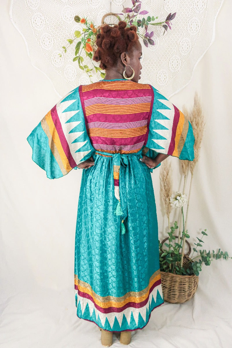 Angelica Maxi Dress - Vintage Sari - Jade & Mulberry Stripes - Free Size L/XL By All About Audrey