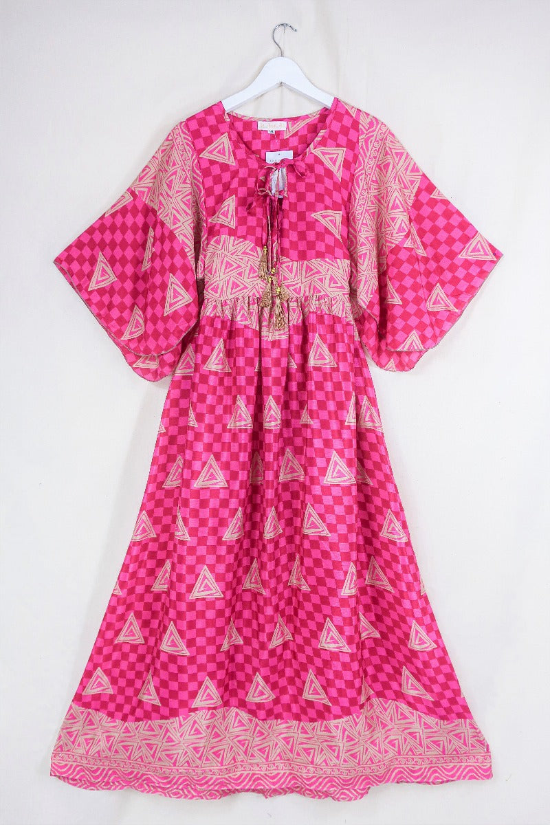 Angelica Maxi Dress - Vintage Sari - Checkerboard Pink - Free Size M/L By All About Audrey